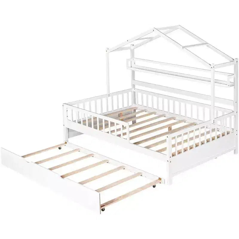 Struttura letto a casetta Acekool matrimoniale con letto estraibile singolo, cassetti contenitore e ripiani, tetto e recinzione, letto a piattaforma per bambini, bianco