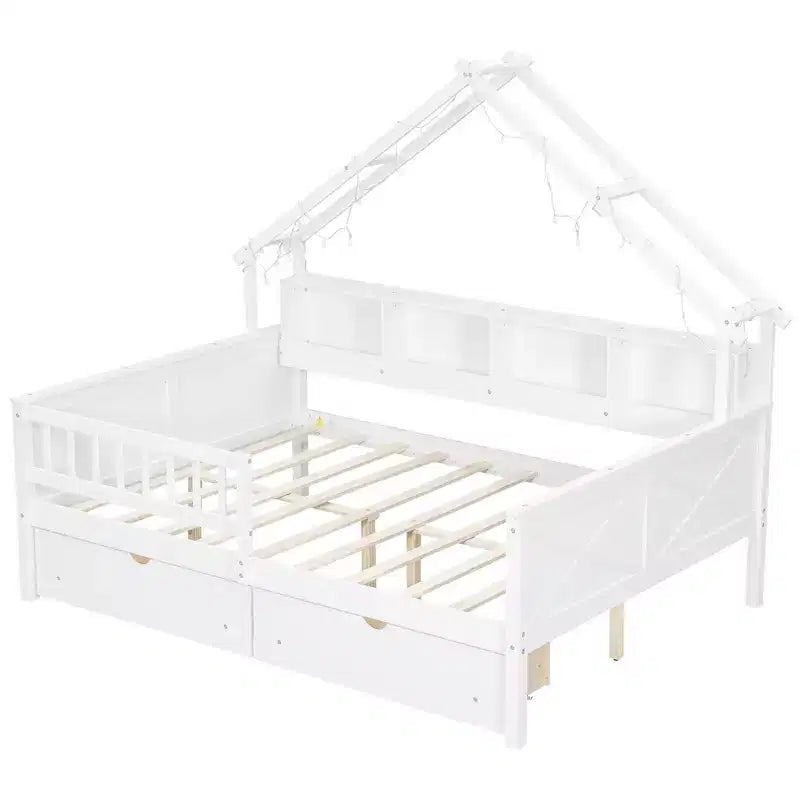 Estructura de cama tipo casita de tamaño completo con cajones, cama plataforma tipo casita con luces LED, estantes y cajones de almacenamiento, diván de madera con techo y barandilla