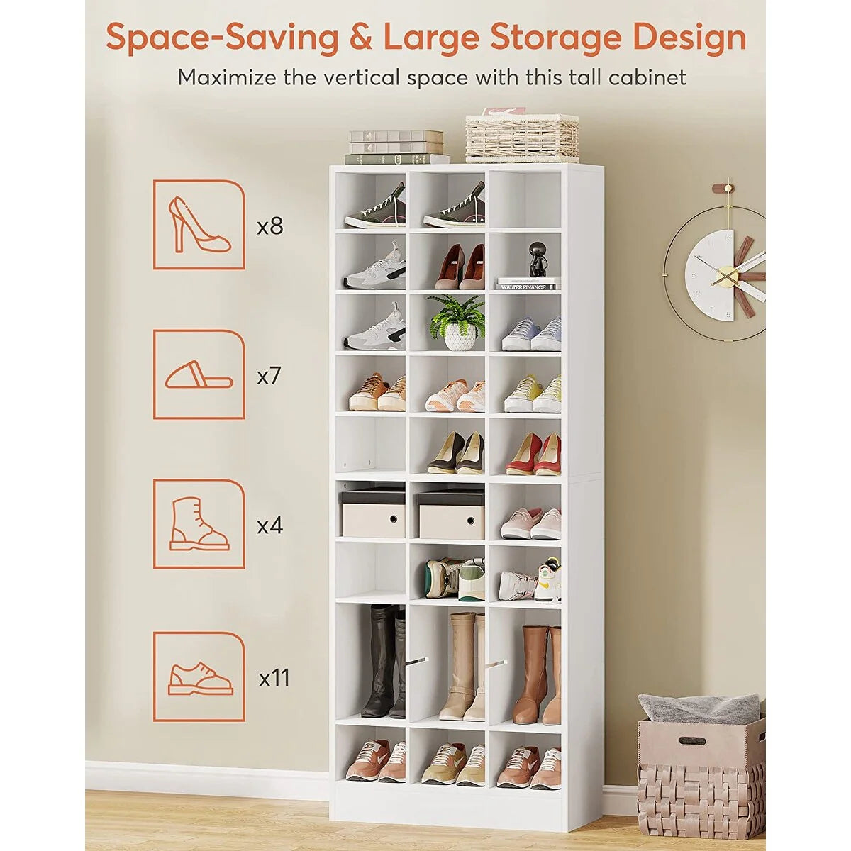 Meuble à chaussures haut pour 30 paires, étagère de rangement blanche en bois à 10 niveaux pour placard et entrée – 10 niveaux