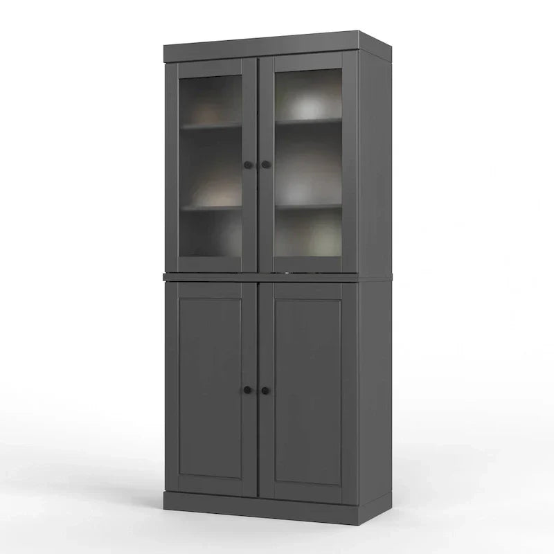 Armario despensa 100 % de madera maciza con puertas de vidrio esmerilado, puertas sólidas, 2 cajones y estantes ajustables