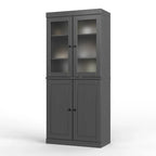 Armario despensa 100 % de madera maciza con puertas de vidrio esmerilado, puertas sólidas, 2 cajones y estantes ajustables
