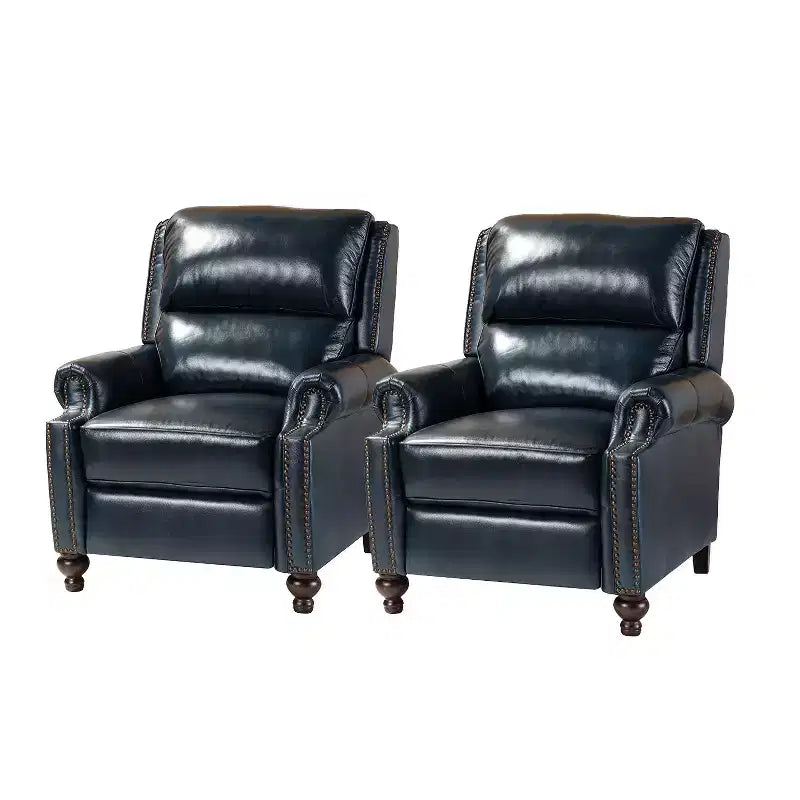 Set di 2 poltrone reclinabili moderne Elisabete con schienale ad ali in vera pelle e borchie decorative vintage per soggiorno e camera da letto| ART OF LIVING DESIGNS