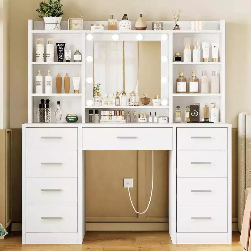 BALHAM TRADE-Toeletta con specchio e luci, 9 cassetti, 6 ripiani, 3 modalità di illuminazione, luminosità regolabile