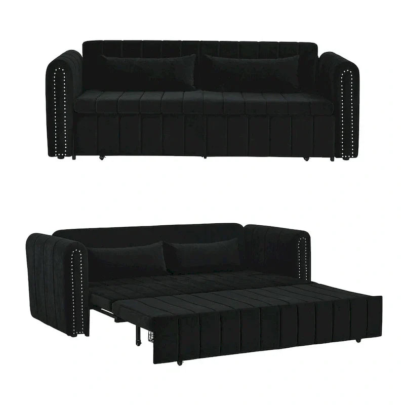 Aksamitna tapicerowana nowoczesna sofa wypoczynkowa z funkcją spania, rozkładana, z podłokietnikami w kształcie wałków i ozdobiona miedzianymi ćwiekami