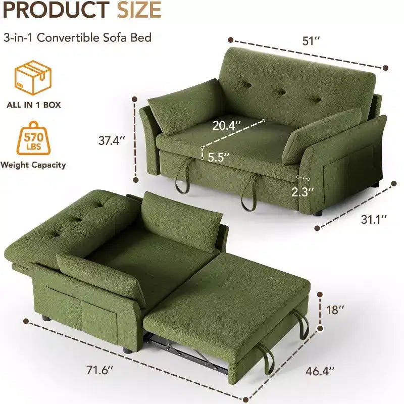 Sofá cama convertible 3 en 1 Dyonery, sofá cama extraíble con bolsillo lateral y respaldo ajustable, montaje sin herramientas, sofá de dos plazas plegable