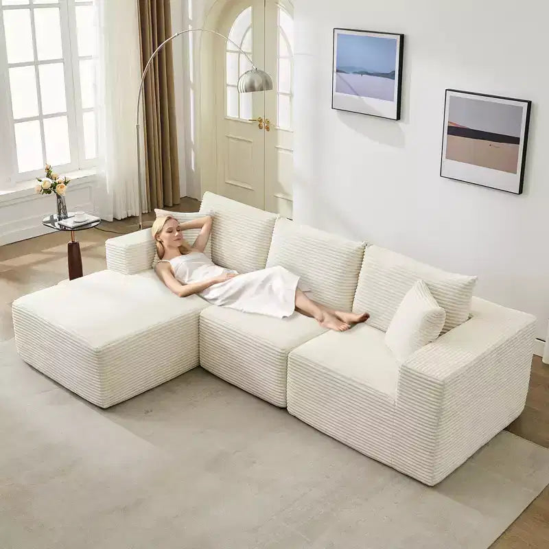 Sofá moderno 108, sofá tapizado de 3 plazas en forma de L con cojines, asiento profundo, no requiere montaje