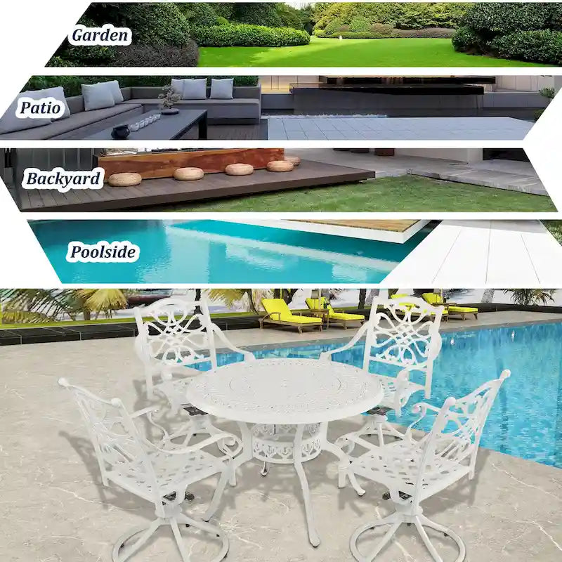 5-delige tuin-eetset van gegoten aluminium met 4 draaibare stoelen