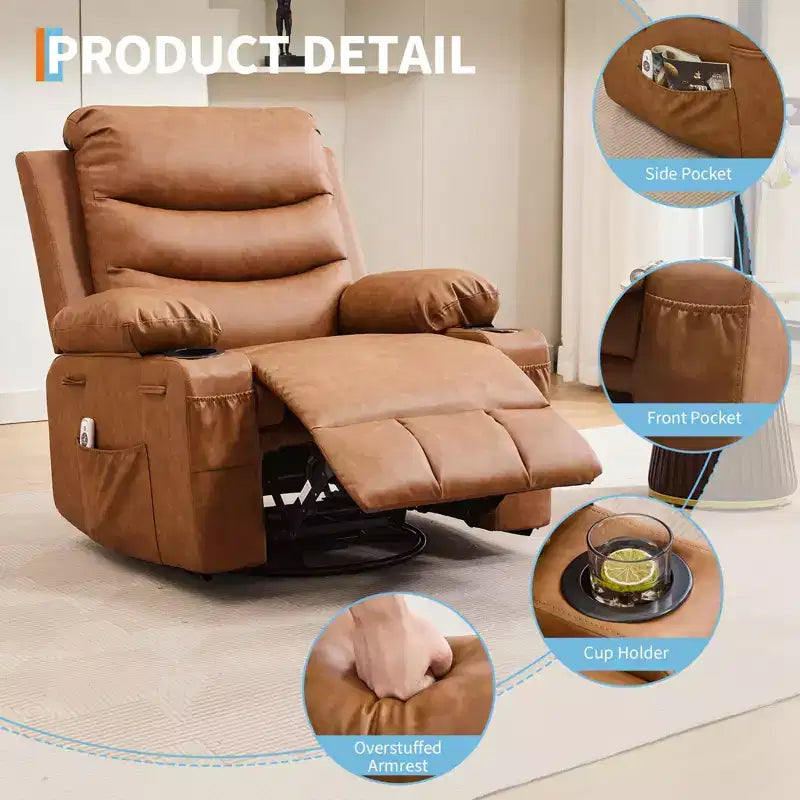Suuri 360° kääntyvä keinutuoli-hierontatuoli lämmityksellä – ergonominen lepotuoli mukitelineillä ja sivutaskuilla olohuoneeseen tai lastenhuoneeseen