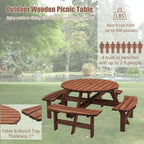 Conjunto de comedor de picnic redondo para patio exterior, de madera de abeto, para 8 personas, con 4 bancos integrados y orificio para sombrilla