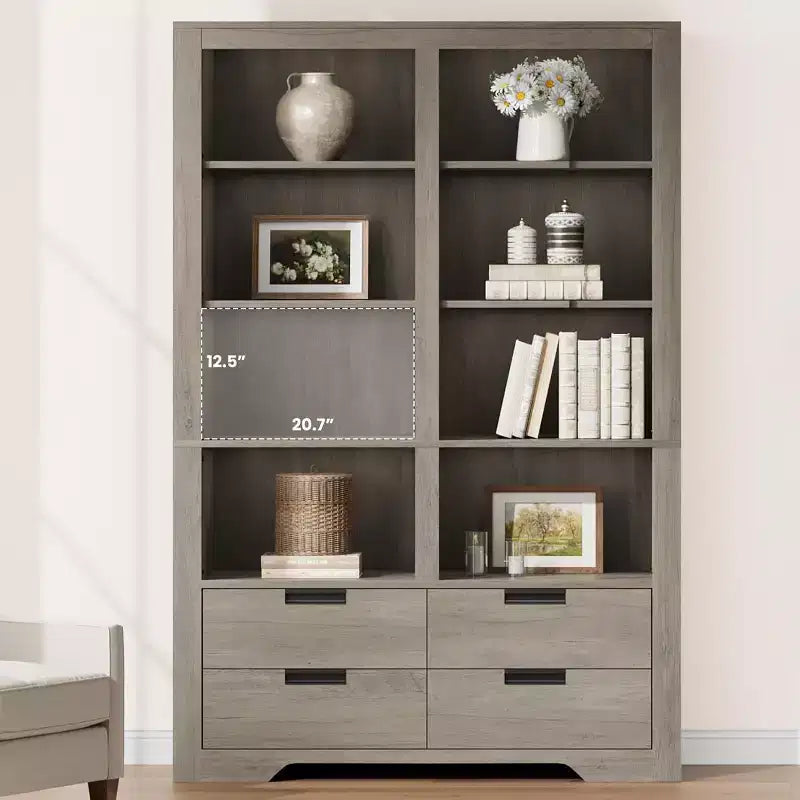 Libreria alta 72 con 4 cassetti, scaffale contenitore indipendente in stile rustico per camera da letto, soggiorno e ufficio domestico