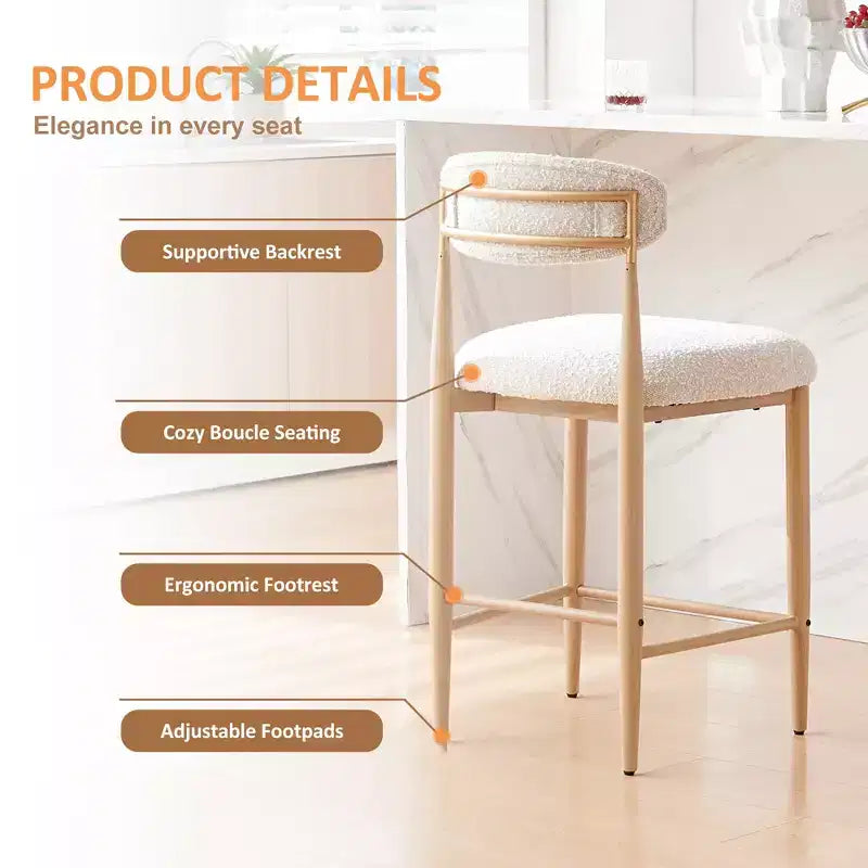 Bouclé-Barhocker ohne Armlehnen, 4er-Set, mit Metallbeinen in Holzoptik für Küche, Wohnzimmer, Restaurant oder Café – Morden Fort