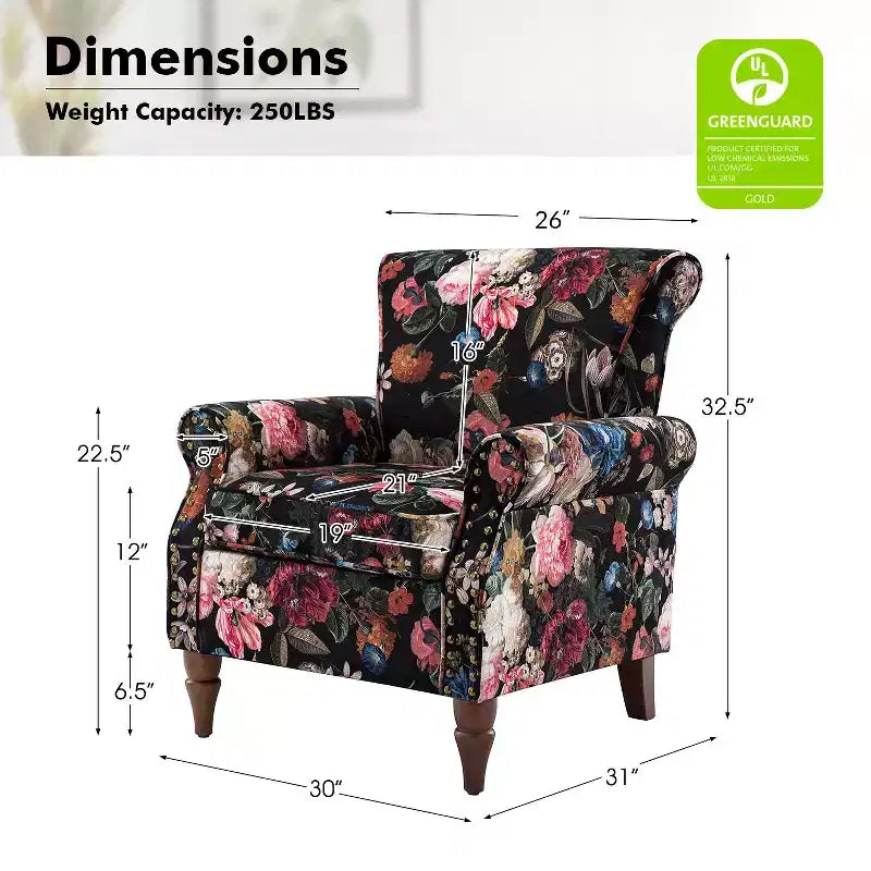Araceli traditionele houten bloemenfauteuil met bekleding, hoge rugleuning en sierspijkerrand| ART OF LIVING DESIGNS