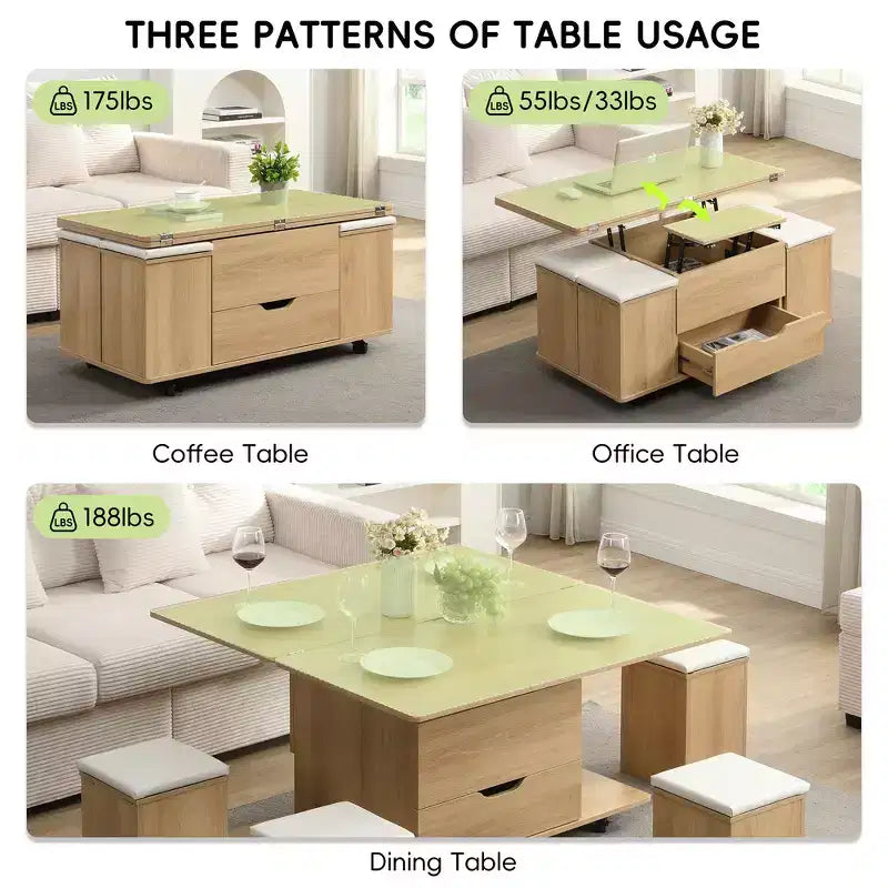 Multifunctionele moderne salontafel met hefbaar blad en verborgen opbergruimte, 4 krukken en zwenkwielen, perfect voor moderne woonruimtes