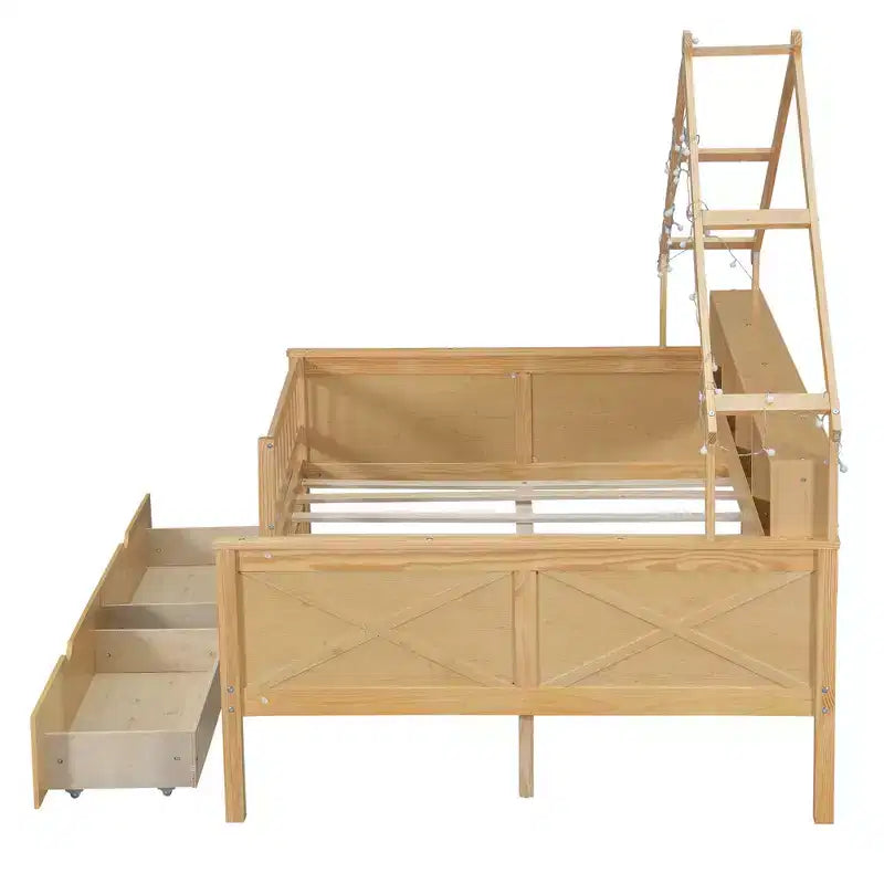 Estructura de cama tipo casita de tamaño completo con cajones, cama plataforma tipo casita con luces LED, estantes y cajones de almacenamiento, diván de madera con techo y barandilla