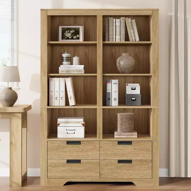 Libreria alta 72 con 4 cassetti, scaffale contenitore indipendente in stile rustico per camera da letto, soggiorno e ufficio domestico