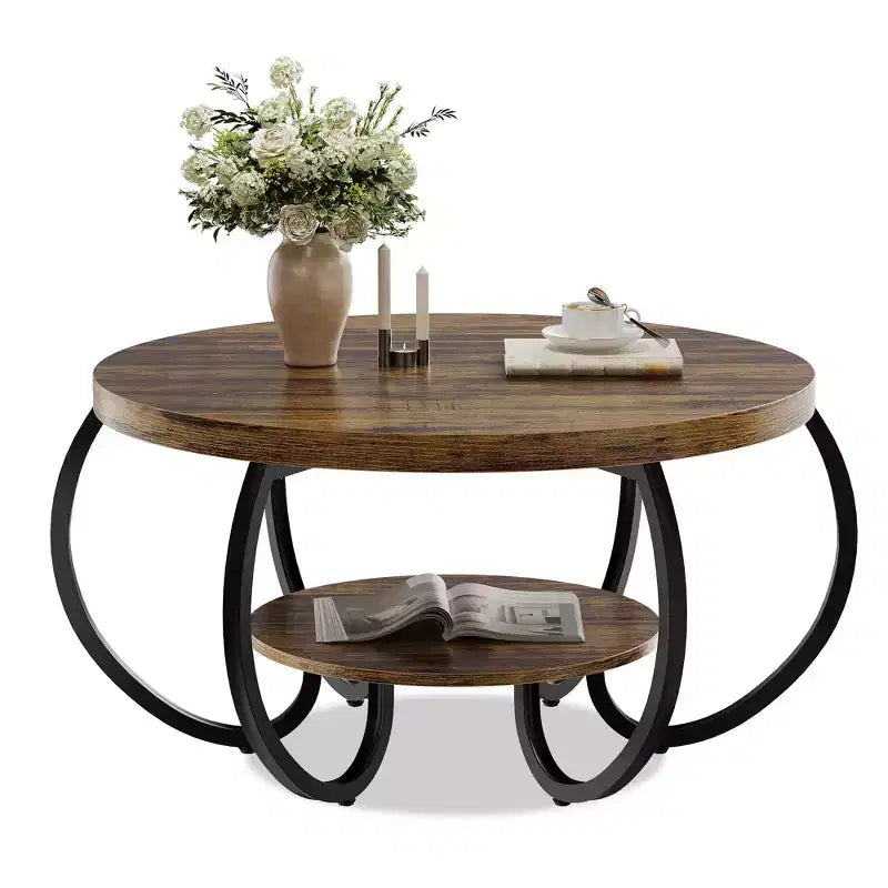 Tavolino da caffè industriale rotondo da 30 pollici, a 2 ripiani, con piedini regolabili, ripiano effetto legno, design a fiamma, facile da assemblare, per soggiorno