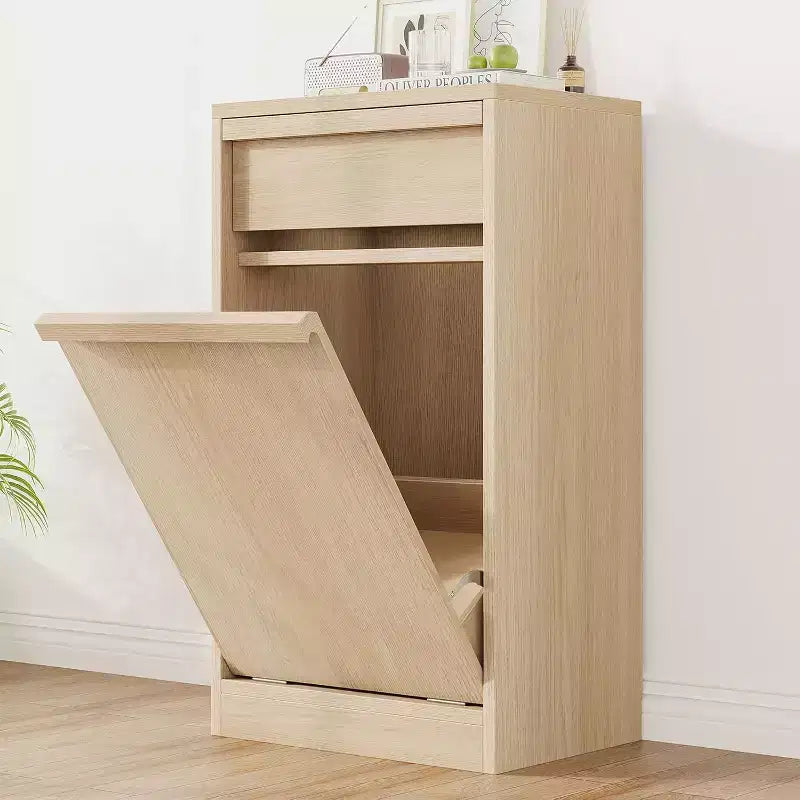 Uchylany kosz na śmieci w kolorze naturalnego dębu, kosz z miejscem do przechowywania i szufladą, ukryta szafka na śmieci, kosz na pranie do kuchni, jadalni i salonu