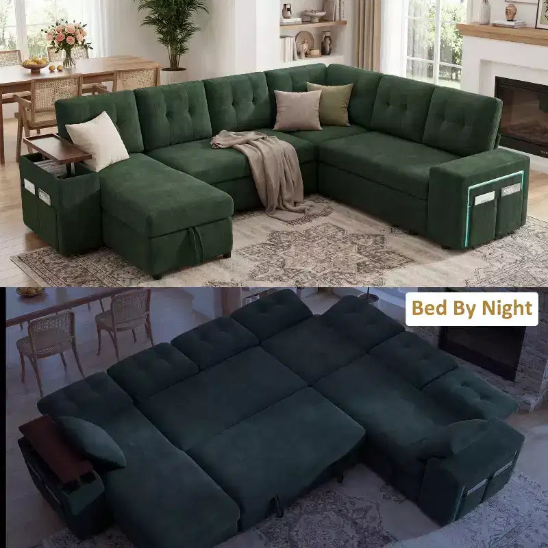 Divano componibile letto modulare Dyonery 112 con letto estraibile, divano componibile a U con contenitore, sedute extra larghe e profonde per il soggiorno