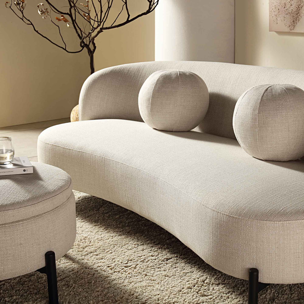 Sofá curvo de 3 plazas con cojines esféricos, mezcla de lino beige