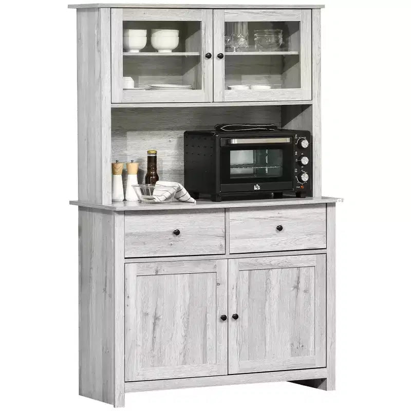Credenza da cucina HOMCOM da 63,5" con alzata, mobile dispensa con 4 ripiani, cassetti, ante in vetro con cornice, piano aperto per microonde