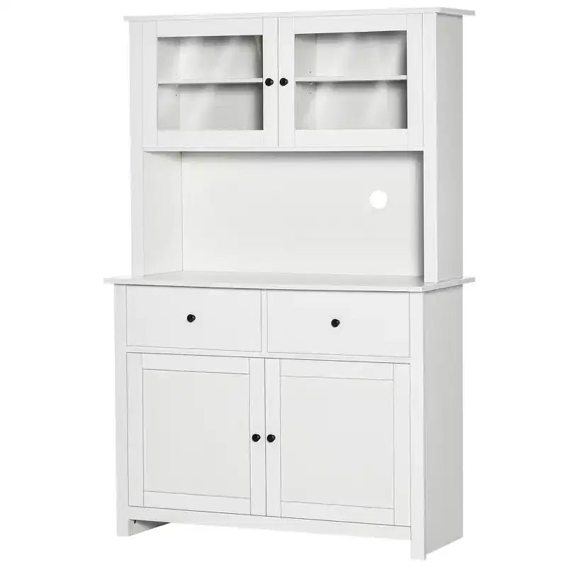 Credenza da cucina HOMCOM da 63,5" con alzata, mobile dispensa con 4 ripiani, cassetti, ante in vetro con cornice, piano aperto per microonde