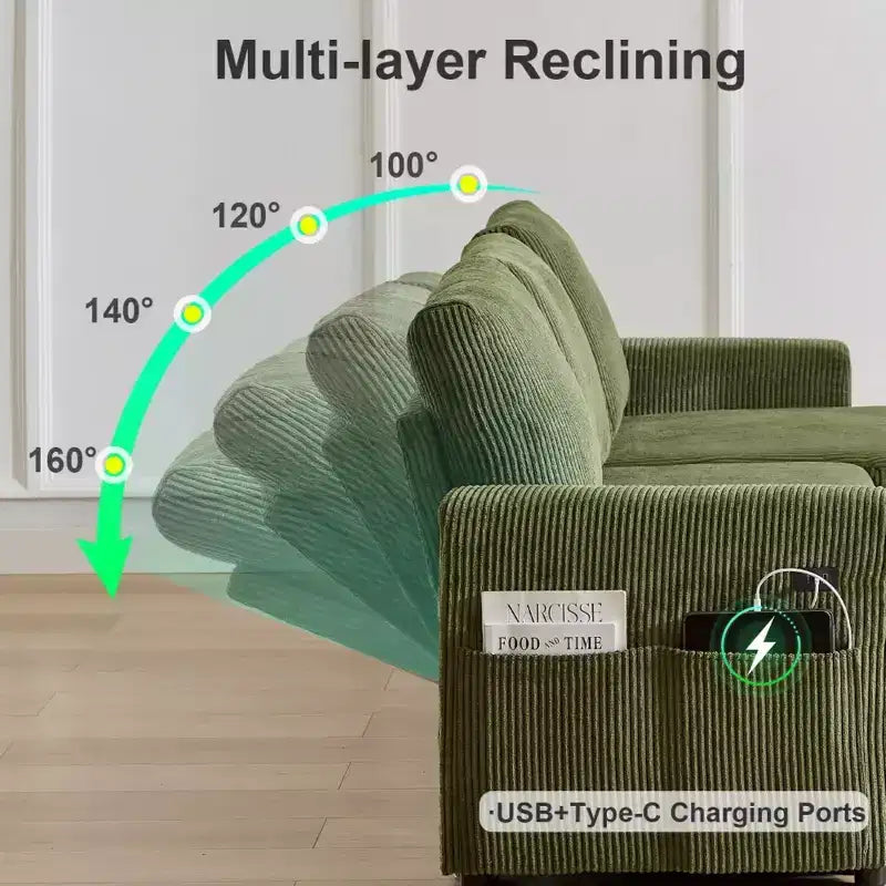 Sofá cama extraíble 2 en 1 Dyonery con chaise longue con almacenamiento, sofá seccional de pana C con puertos USB para sala de estar
