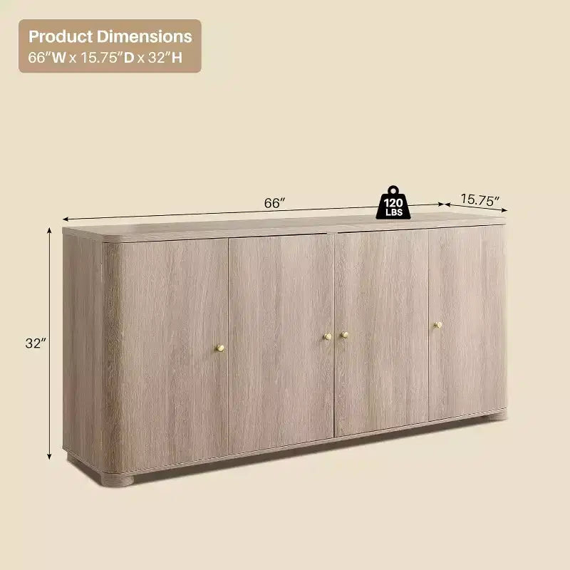 Aparador de cocina con 4 puertas y estantes, aparador moderno grande para almacenamiento, aparador bar para café de 66 pulgadas