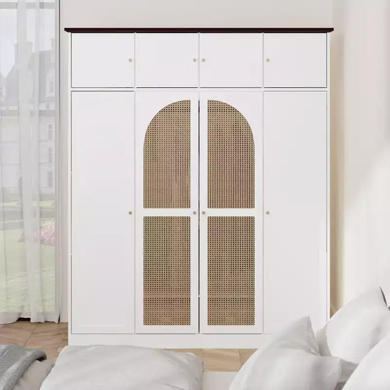 Armario ropero alto de 70,87 pulgadas con 8 puertas y gran capacidad, barra para colgar, estantes ajustables y puertas decorativas de ratán
