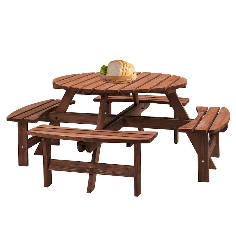 Conjunto de comedor de picnic redondo para patio exterior, de madera de abeto, para 8 personas, con 4 bancos integrados y orificio para sombrilla