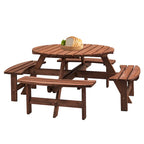 Conjunto de comedor de picnic redondo para patio exterior, de madera de abeto, para 8 personas, con 4 bancos integrados y orificio para sombrilla