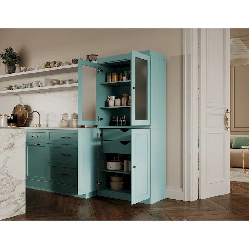 Armario despensa 100 % de madera maciza con puertas de vidrio esmerilado, puertas sólidas, 2 cajones y estantes ajustables
