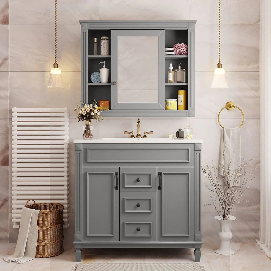 Meuble-lavabo moderne de salle de bains de 36 po avec vasque sur plan, armoire à miroir, 2 portes et 2 tiroirs