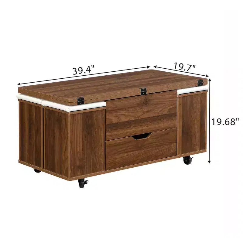 Multifunctionele moderne salontafel met hefbaar blad en verborgen opbergruimte, 4 krukken en zwenkwielen, perfect voor moderne woonruimtes