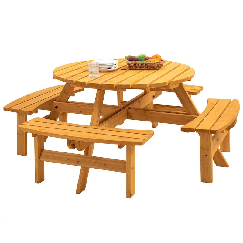 Conjunto de comedor de picnic redondo para patio exterior, de madera de abeto, para 8 personas, con 4 bancos integrados y orificio para sombrilla