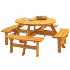 Conjunto de comedor de picnic redondo para patio exterior, de madera de abeto, para 8 personas, con 4 bancos integrados y orificio para sombrilla