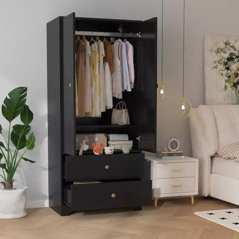 Moderner Kleiderschrank aus Holz für das Schlafzimmer, 71 Zoll, mit 2 Türen, 2 Schubladen, verstellbaren Einlegeböden, Kleiderstange und Stauraum
