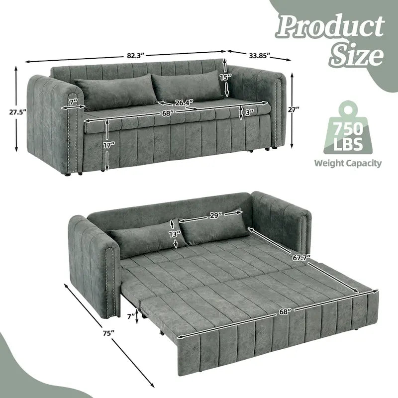 Aksamitna tapicerowana nowoczesna sofa wypoczynkowa z funkcją spania, rozkładana, z podłokietnikami w kształcie wałków i ozdobiona miedzianymi ćwiekami