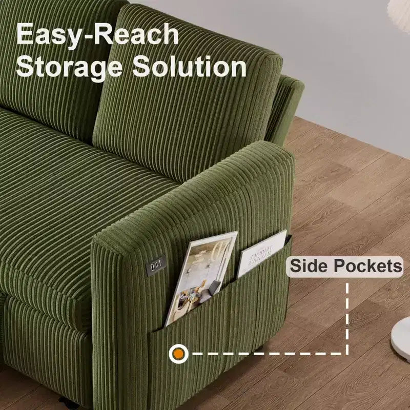 Sofá cama extraíble 2 en 1 Dyonery con chaise longue con almacenamiento, sofá seccional de pana C con puertos USB para sala de estar