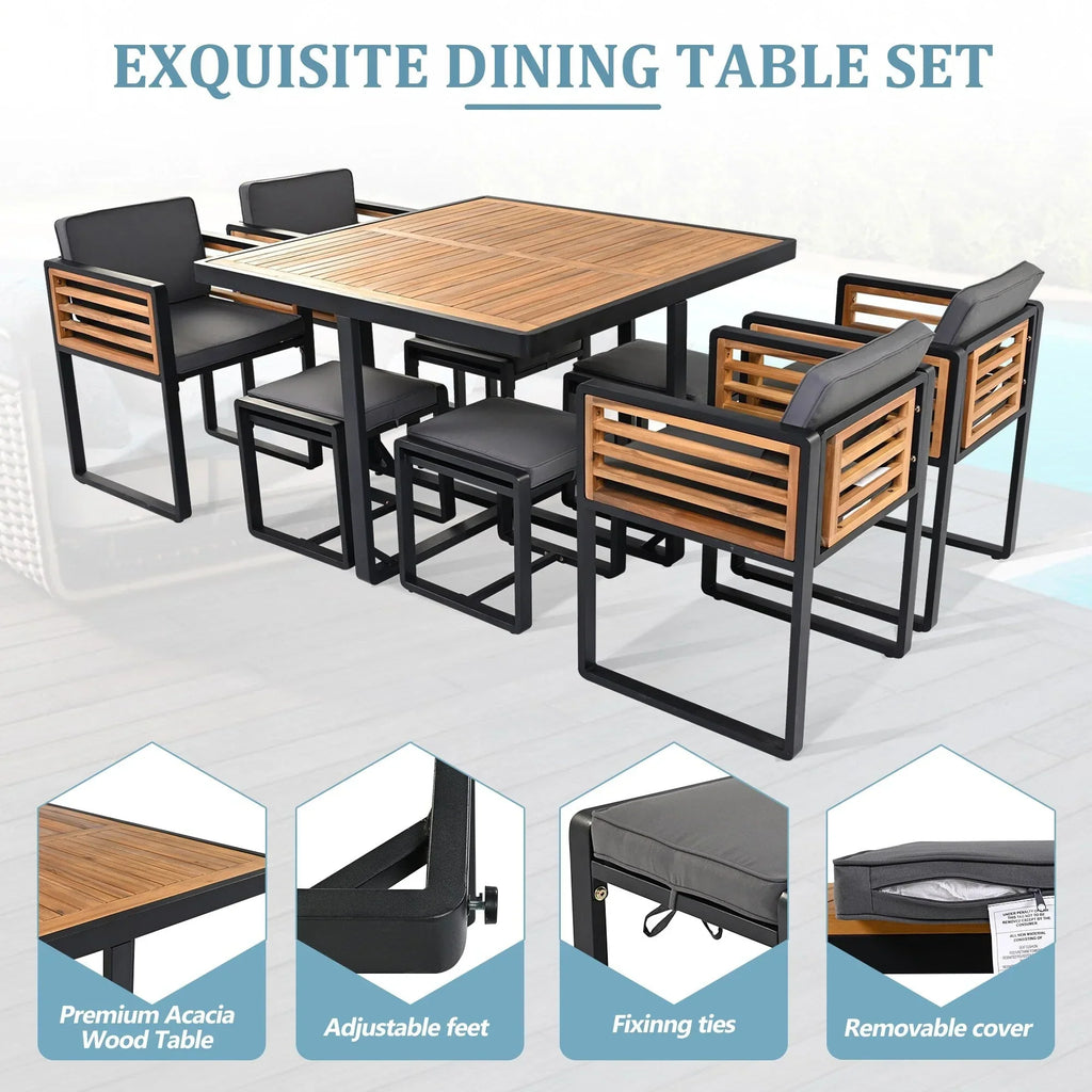 Juego de comedor de patio de 18 piezas de madera de acacia, con 8 sillas acolchadas, 8 otomanas y 2 mesas cuadradas