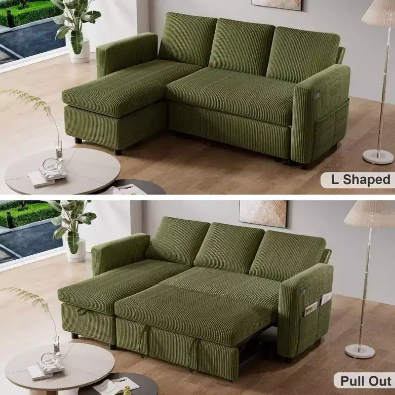 Sofá cama extraíble 2 en 1 Dyonery con chaise longue con almacenamiento, sofá seccional de pana C con puertos USB para sala de estar