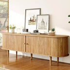 AMERLIFE 70-Zoll-TV-Ständer mit Beinen aus Massivholz, moderne TV-Konsole im Mid-Century-Stil mit Lamellentür