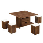 Multifunctionele moderne salontafel met hefbaar blad en verborgen opbergruimte, 4 krukken en zwenkwielen, perfect voor moderne woonruimtes