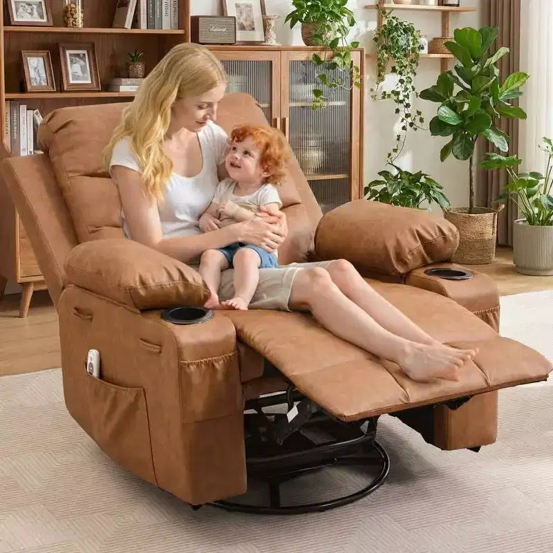Übergroßer 360°-Dreh-Schaukel-Relaxsessel mit Massage und Wärme – ergonomischer Loungesessel mit Getränkehaltern und Seitentaschen für Wohnzimmer und Kinderzimmer