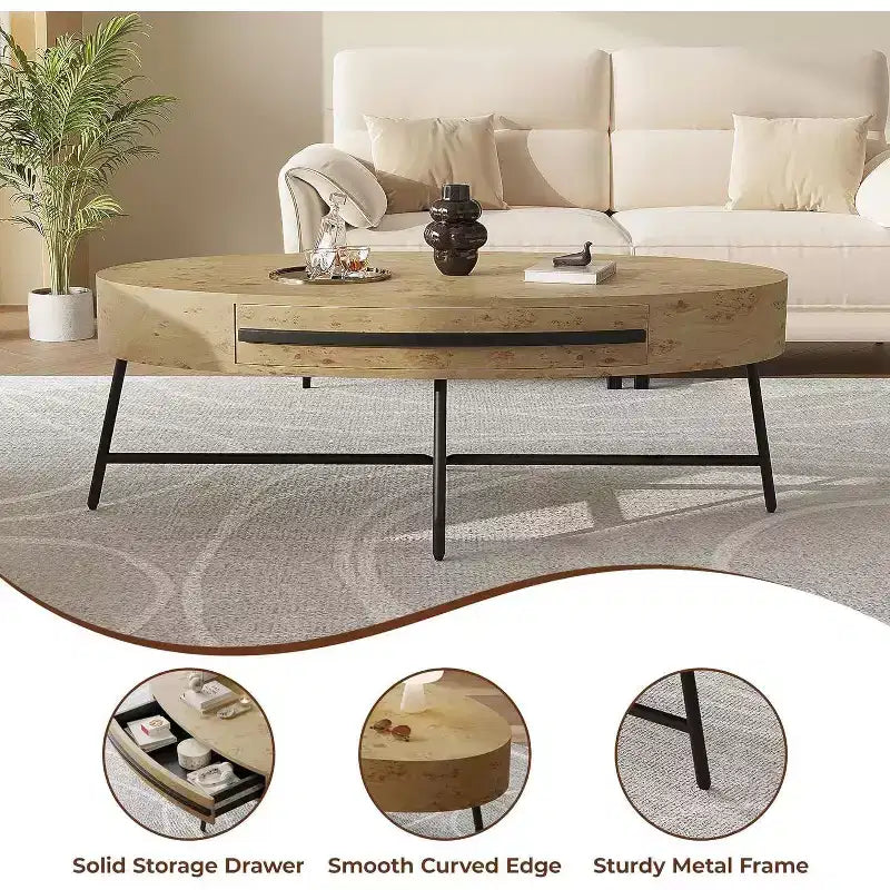 Tavolino da caffè ovale Acekool con cassetto, tavolo contenitore in legno da 47.2 con gambe incrociate in metallo, tavolino centrale moderno di metà secolo in finitura naturale e salice dorato