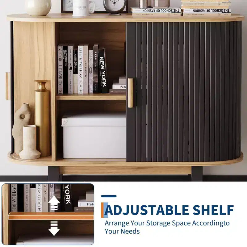 40-Zoll-geriffeltes Sideboard, Aufbewahrungsschrank mit Schiebetür und verstellbarem Einlegeboden, moderne Anrichte, Aufbewahrungsschränke, Konsolentisch mit Rolltür