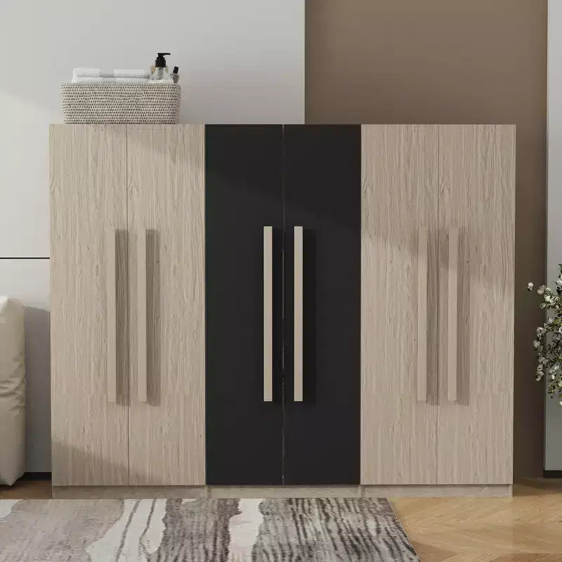 83W Kleiderschrank mit 6 Türen, 2 Schubladen, Kleiderstangen und Ablageböden, Schwarz/Natur – ModernLuxe