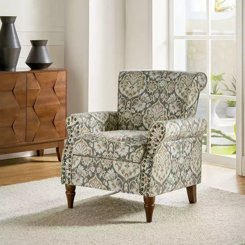 Araceli traditionele houten bloemenfauteuil met bekleding, hoge rugleuning en sierspijkerrand| ART OF LIVING DESIGNS
