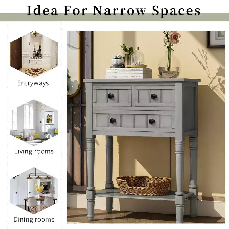 Στενό τραπέζι εισόδου 23.7in με 3 συρτάρια και ράφι, τραπέζι καναπέ για μικρούς χώρους, χωλ εισόδου ή σαλόνι