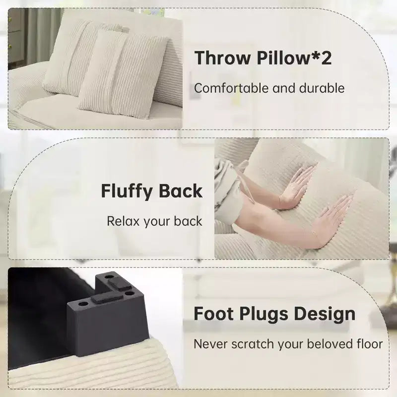 Beiges 87'-Cordsofa mit 2 Kissen, tiefes Sofa in Segelbootform für Wohnzimmer, kleine Räume, Büro oder Wohnung – Morden Fort