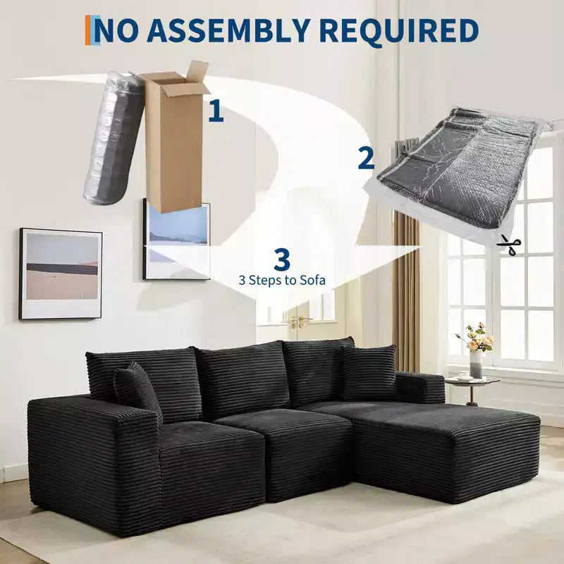 Sofá moderno 108, sofá tapizado de 3 plazas en forma de L con cojines, asiento profundo, no requiere montaje